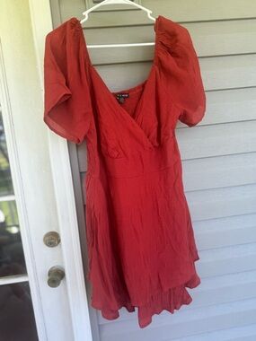 Dress Orangey Red Puff-Sleeve Wrap Mini Dress